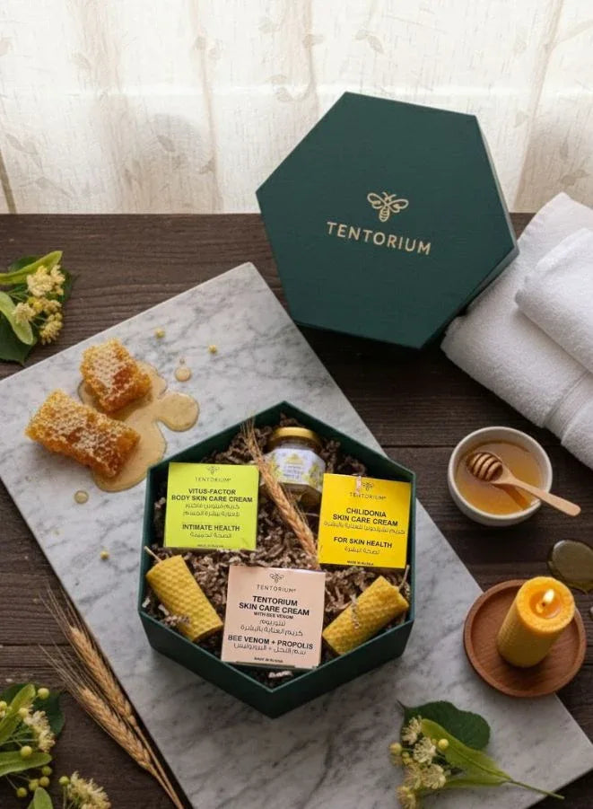 Tentorium 4 Piece Natural Skincare and Honey Set with Chilidonia Cream, Honeybee Venom Massage Cream, Vitus Factor Hydrating Cream and Siberian Linden Raw Honey