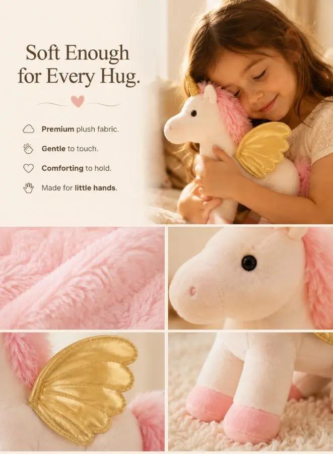 A collage showing a young girl hugging a plush unicorn toy, with text reading 'Soft Enough for Every Hug.' and close-up detail panels of the toy's pink plush fabric and gold wing.