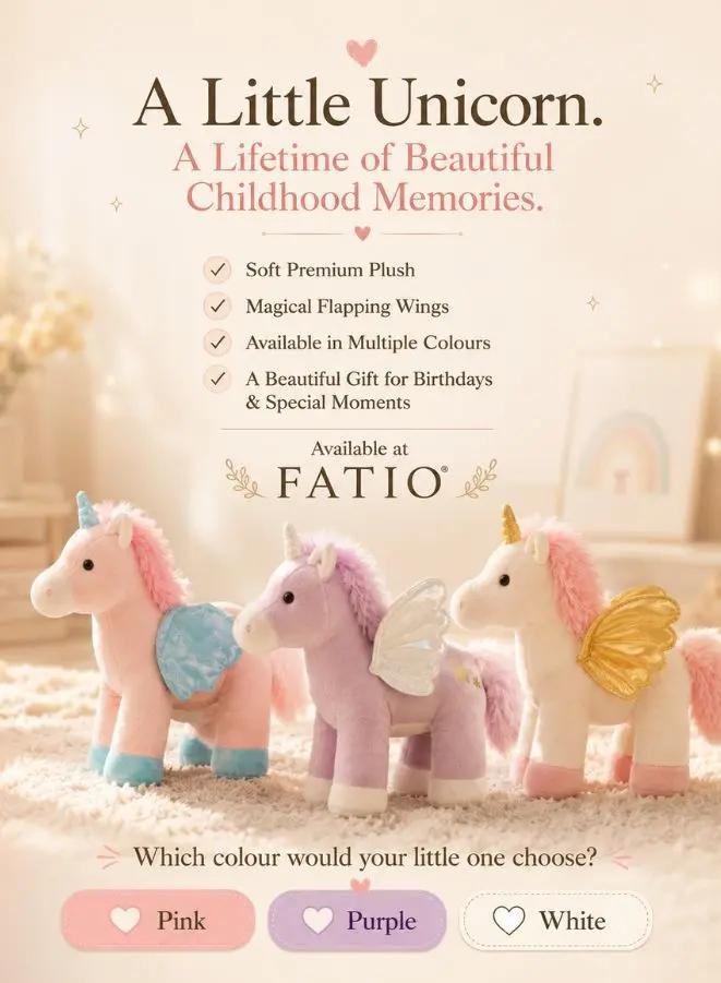 A graphic for FATIO plush unicorns, showing three soft unicorn toys lined up on a fluffy rug with a warm, pastel background. The text at the top reads 'A Little Unicorn.