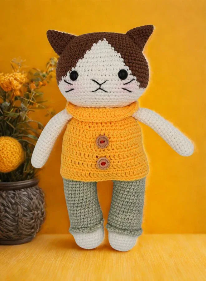 Handmade Natural Cotton Crochet Cat in Yellow Shirt Toy Doll – 25cm Amigurumi Sleeping Buddy for Babies, Kids & Adults