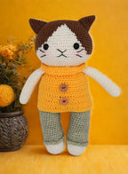 Handmade Natural Cotton Crochet Cat in Yellow Shirt Toy Doll – 25cm Amigurumi Sleeping Buddy for Babies, Kids & Adults