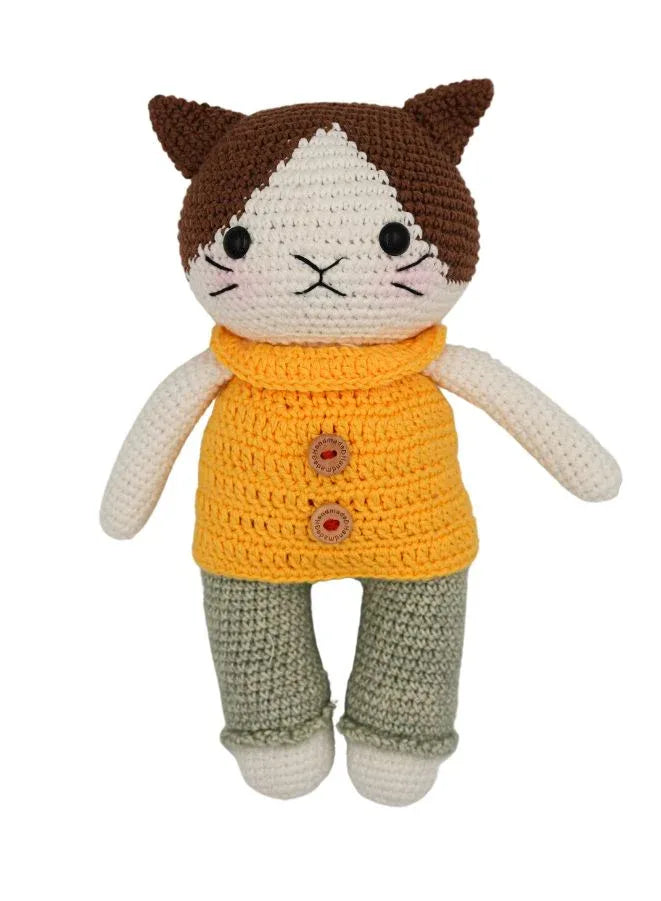 Handmade Natural Cotton Crochet Cat in Yellow Shirt Toy Doll – 25cm Amigurumi Sleeping Buddy for Babies, Kids & Adults