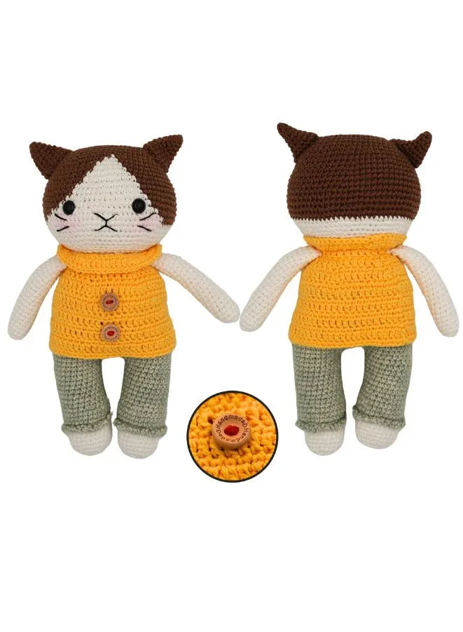 Handmade Natural Cotton Crochet Cat in Yellow Shirt Toy Doll – 25cm Amigurumi Sleeping Buddy for Babies, Kids & Adults