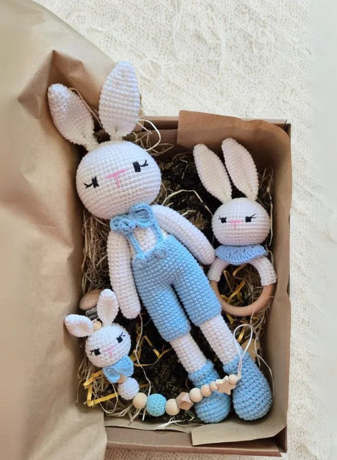 Handmade Natural Wooden and Cotton Crochet Toy Doll with rattle and Pacifier Chain for Toddlers, Blue Bunny, 25cm