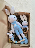 Handmade Natural Wooden and Cotton Crochet Toy Doll with rattle and Pacifier Chain for Toddlers, Blue Bunny, 25cm
