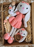 Handmade Natural Wooden and Cotton Crochet Doll with rattle and Pacifier Chain for Toddlers, Pink Bunny, 25cm