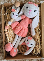 Handmade Natural Wooden and Cotton Crochet Doll with rattle and Pacifier Chain for Toddlers, Pink Bunny, 25cm