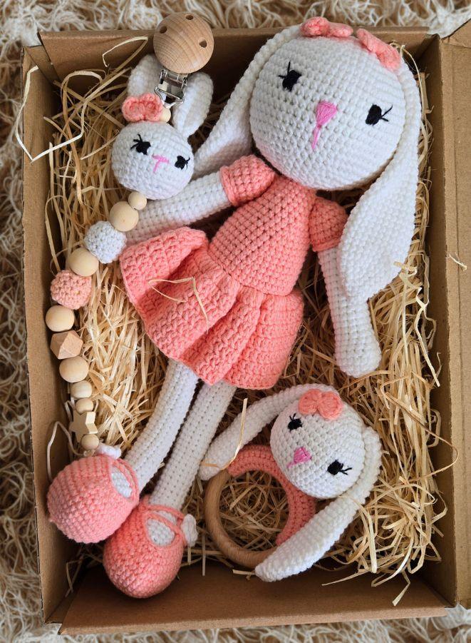 Handmade Natural Wooden and Cotton Crochet Doll with rattle and Pacifier Chain for Toddlers, Pink Bunny, 25cm