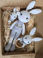 Natural Wooden and Cotton Handmade Crochet Doll with rattle and Pacifier Chain for Toddlers, Blue Bunny, 25cm