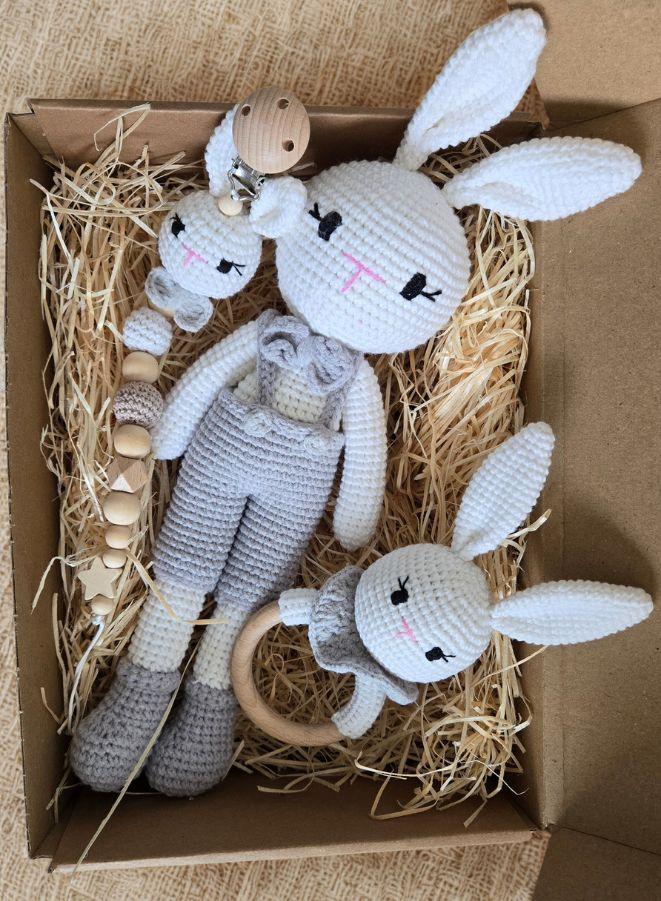 Natural Wooden and Cotton Handmade Crochet Doll with rattle and Pacifier Chain for Toddlers, Blue Bunny, 25cm