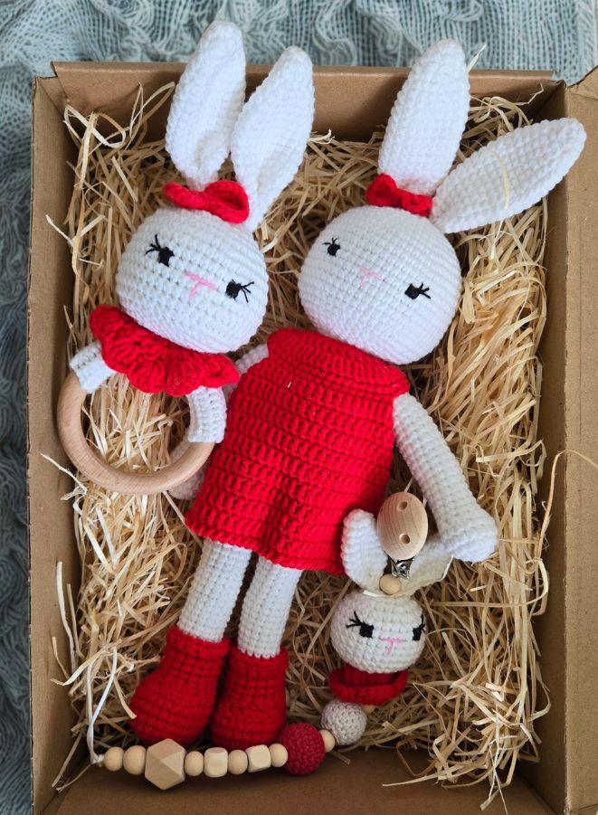 Handmade Natural Wooden and Cotton Crochet Doll with Rattle and Pacifier Chain for Toddlers, Red Bunny, 25cm
