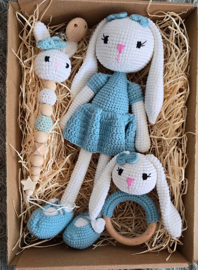 Handmade Natural Wooden and Cotton Crochet Toy Doll with rattle and Pacifier Chain for Toddlers, Green Bunny, 25cm