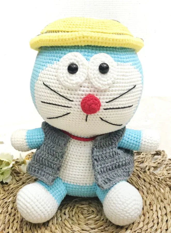 Handmade Crochet Doraemon Doll with Detachable Hat – 23cm Plush Toy