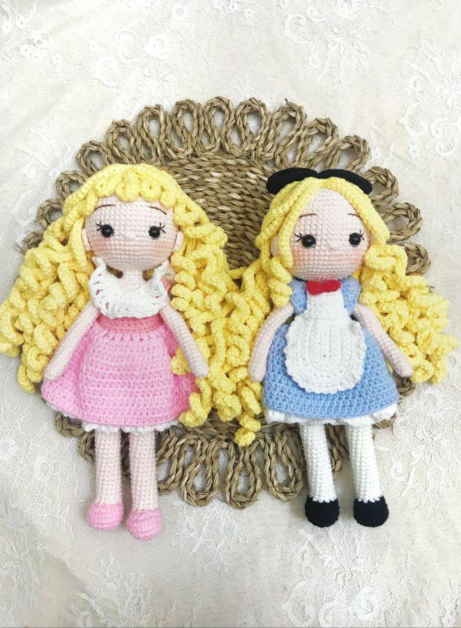 Handmade Crochet Girl Doll in Blue Dress – 21cm Soft Plush Toy