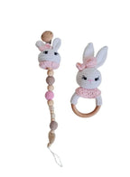 Handmade Natural Cotton Pink Crochet Toy Doll with Rattle and Pacifier Chain Set – 30cm Soft Plush Baby Doll