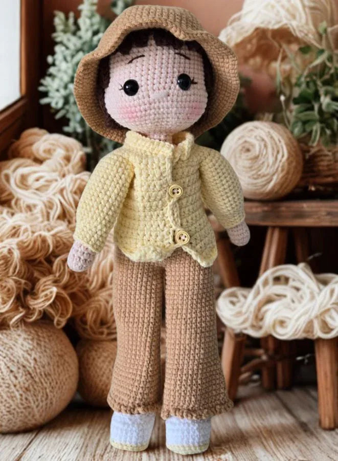 Handmade Cotton Crochet Girl Doll with Hat & Scarf – Soft Amigurumi Toy for Kids & Baby Gifts