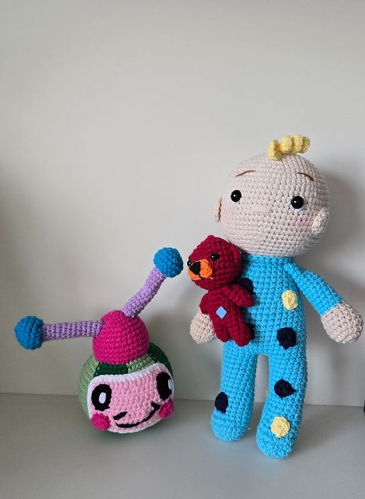 Handmade Crochet Cocomelon Doll Set – Cheerful Boy & Kid with Teddy Bear – 2-Piece Soft Amigurumi Plush Toys for Kids