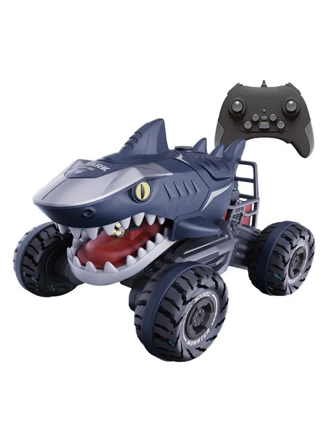 Toy truck designed like a shark with a remote control on a white background