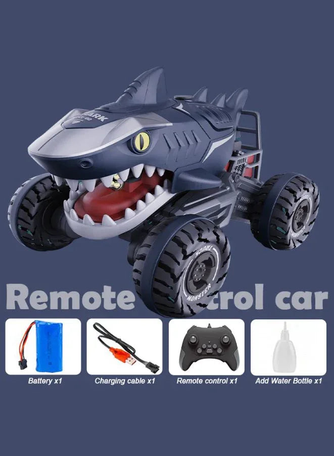 Toy car shaped like a shark with remote control features on a blue background