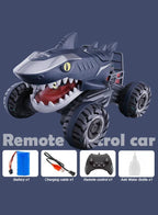 Toy car shaped like a shark with remote control features on a blue background