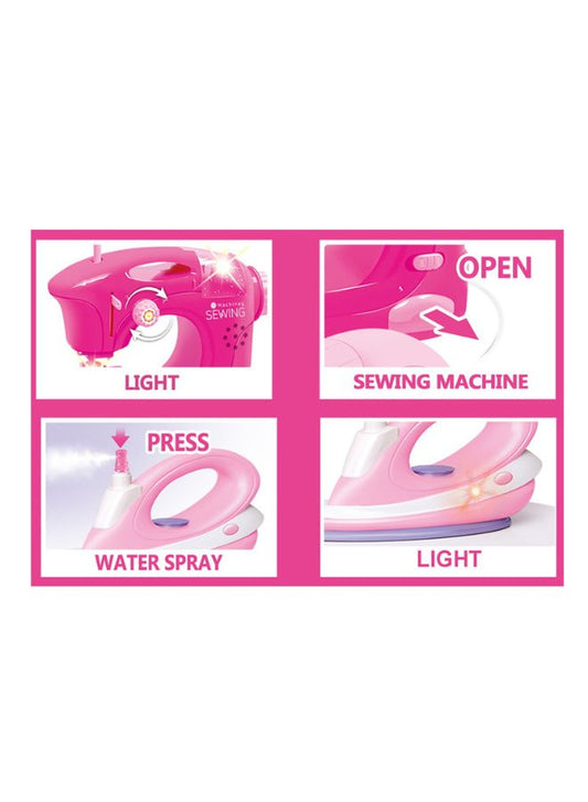 Kids Pretend Play Electric Sewing Machine, Iron & Board Set – 3-Piece Household Appliance Toy Set for Boys and Girls