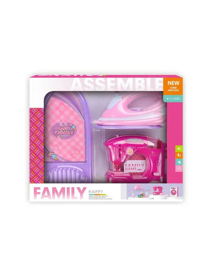 Kids Pretend Play Electric Sewing Machine, Iron & Board Set – 3-Piece Household Appliance Toy Set for Boys and Girls