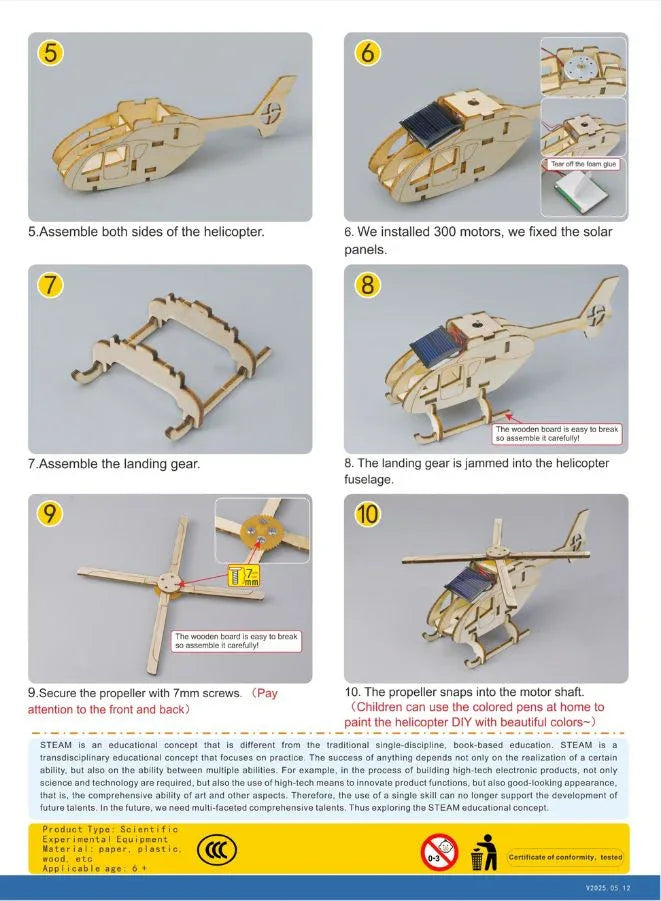 STEM Toy, Wooden Helicopter, Solar-Powered Montessori Toy, DIY 3D puzzle, eco-friendly, handmade, educational toy