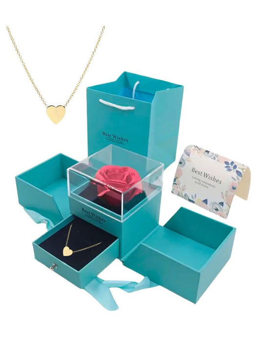 Rose Flower Jewelry Box and Gold Heart Pendant Necklace With Greeting Card and Bag, Rose Gift for Valentine's Day