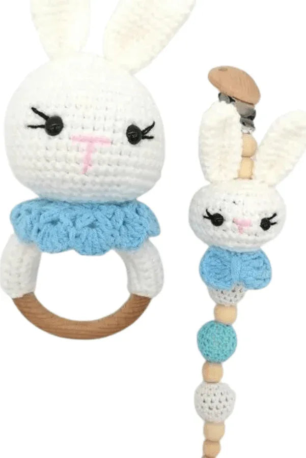 Handmade Natural Wooden and Cotton Crochet Toy Doll with rattle and Pacifier Chain for Toddlers, Blue Bunny, 25cm