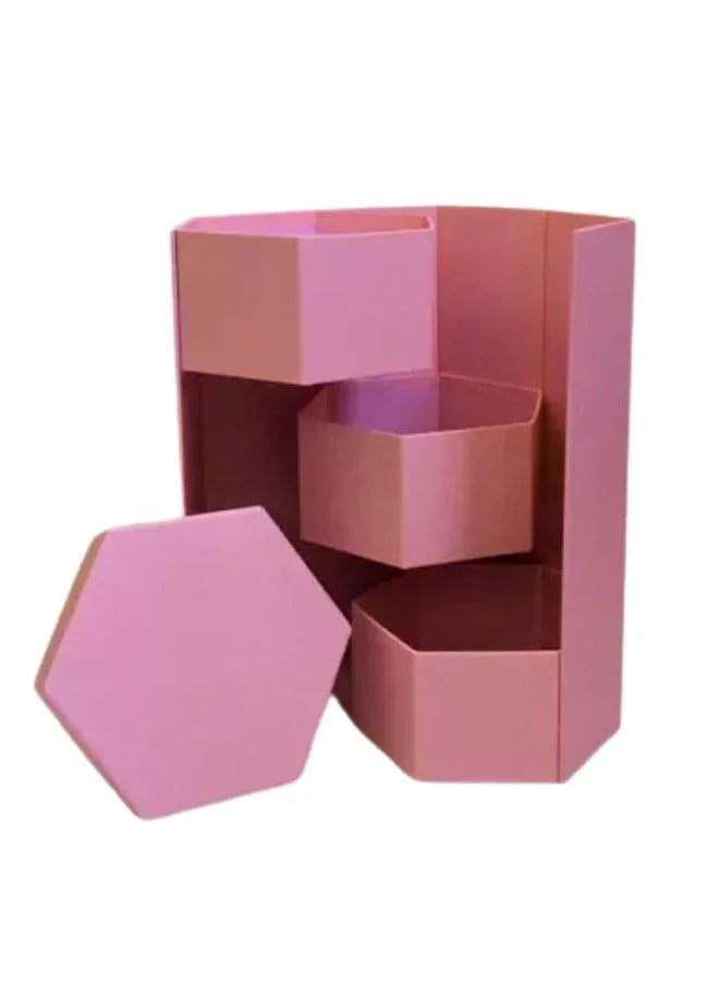 Hexagon Shape Surprise Flower Gift Box, 3 Tier, Gift for anniversary, wedding and Valentine's Day (Pink)