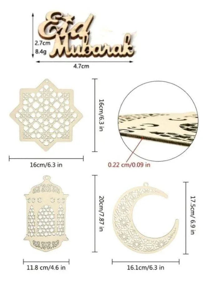 8 Pieces Wooden Hollow Pendant Ornament Eid Ramadan Festive DIY Decorations with Hanging Moon Star Wind Light Shape Ornament for Eid Mubarak