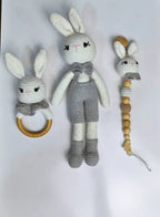 Natural Wooden and Cotton Handmade Crochet Doll with rattle and Pacifier Chain for Toddlers, Blue Bunny, 25cm