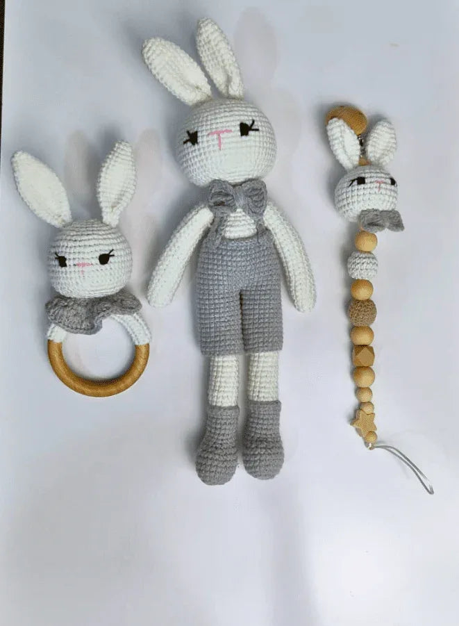 Natural Wooden and Cotton Handmade Crochet Doll with rattle and Pacifier Chain for Toddlers, Blue Bunny, 25cm