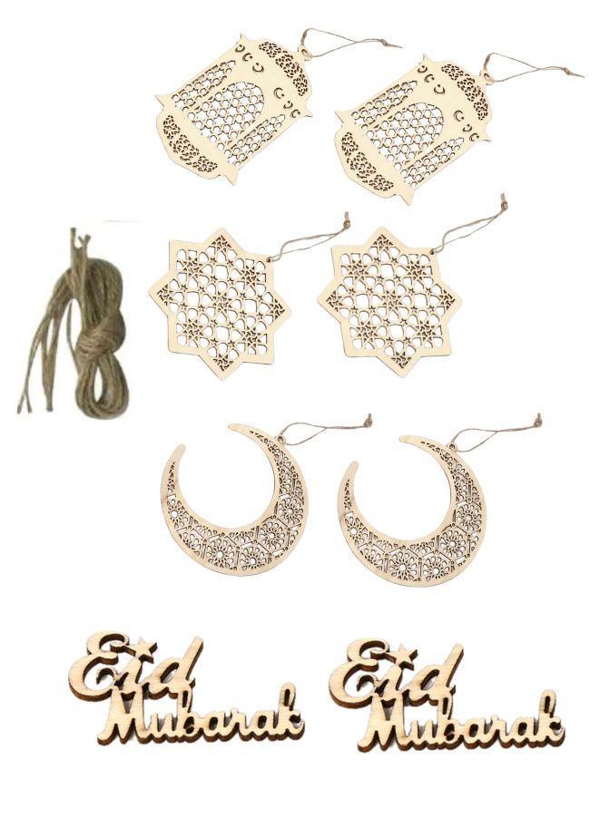 8 Pieces Wooden Hollow Pendant Ornament Eid Ramadan Festive DIY Decorations with Hanging Moon Star Wind Light Shape Ornament for Eid Mubarak