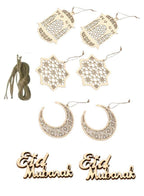 8 Pieces Wooden Hollow Pendant Ornament Eid Ramadan Festive DIY Decorations with Hanging Moon Star Wind Light Shape Ornament for Eid Mubarak