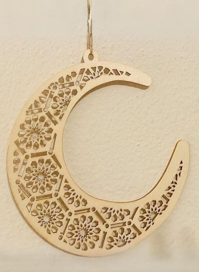 8 Pieces Wooden Hollow Pendant Ornament Eid Ramadan Festive DIY Decorations with Hanging Moon Star Wind Light Shape Ornament for Eid Mubarak