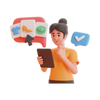 3D illustration of a person holding a mobile phone with icons above