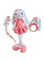 Handmade Natural Wooden and Cotton Crochet Doll with rattle and Pacifier Chain for Toddlers, Pink Bunny, 25cm