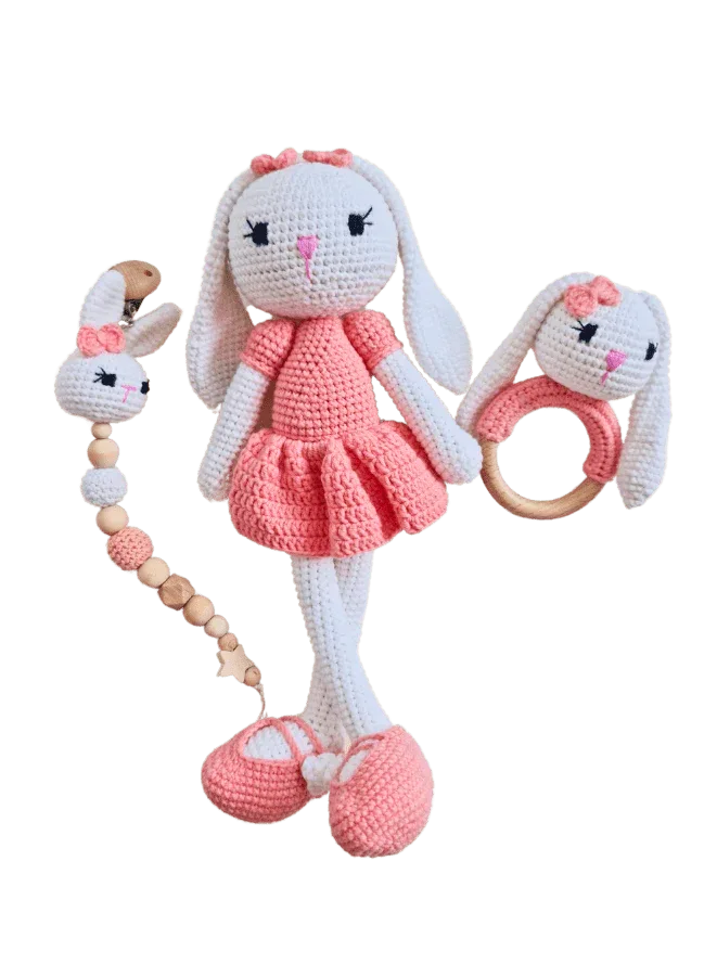 Handmade Natural Wooden and Cotton Crochet Doll with rattle and Pacifier Chain for Toddlers, Pink Bunny, 25cm
