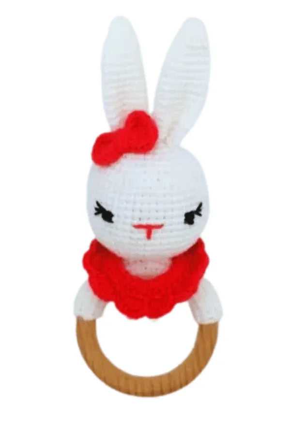 Handmade Natural Wooden and Cotton Crochet Doll with Rattle and Pacifier Chain for Toddlers, Red Bunny, 25cm