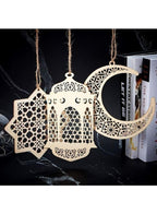 8 Pieces Wooden Hollow Pendant Ornament Eid Ramadan Festive DIY Decorations with Hanging Moon Star Wind Light Shape Ornament for Eid Mubarak