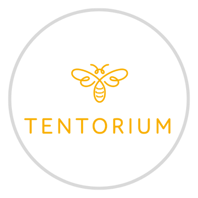 Logo of Tentorium with a bee illustration and text on a white background