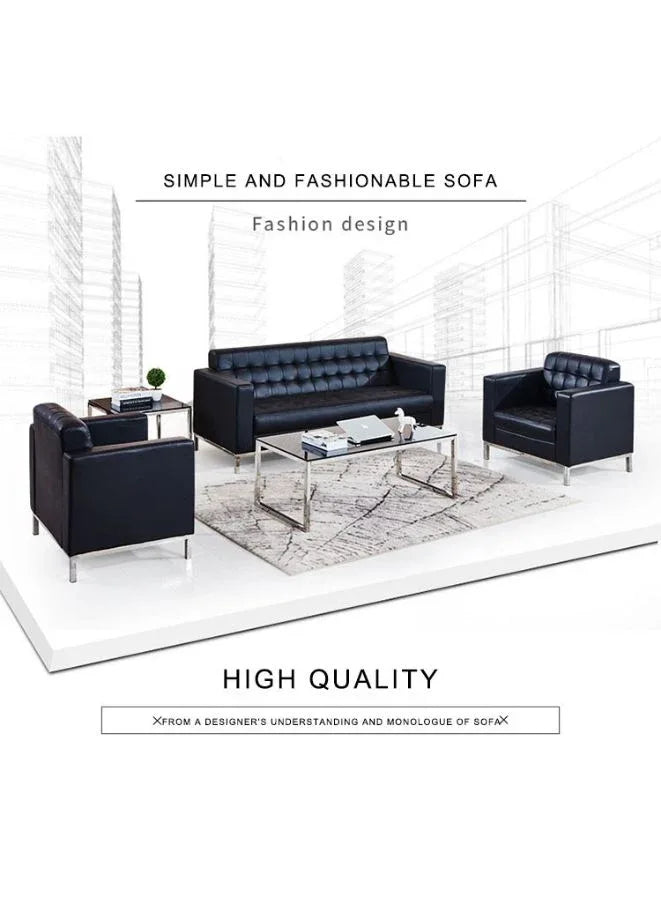 Classic black leather sofa for three people in home, office, or reception