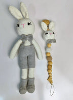 Natural Wooden and Cotton Handmade Crochet Doll with rattle and Pacifier Chain for Toddlers, Blue Bunny, 25cm