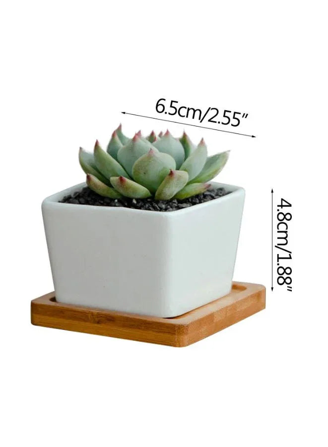 Mini Geometric Indoor Plant Pot with Bamboo Tray & Drainage Hole – Small Succulent Planter for Desk, Office, or Home Garden (Plant Not Included)