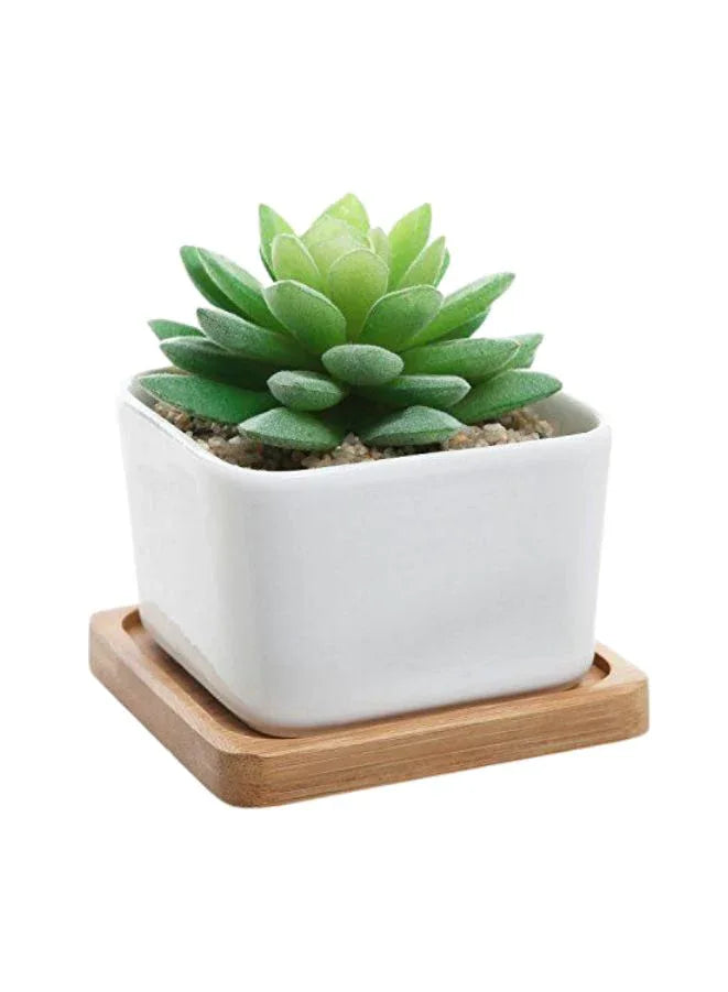 Mini Geometric Indoor Plant Pot with Bamboo Tray & Drainage Hole – Small Succulent Planter for Desk, Office, or Home Garden (Plant Not Included)