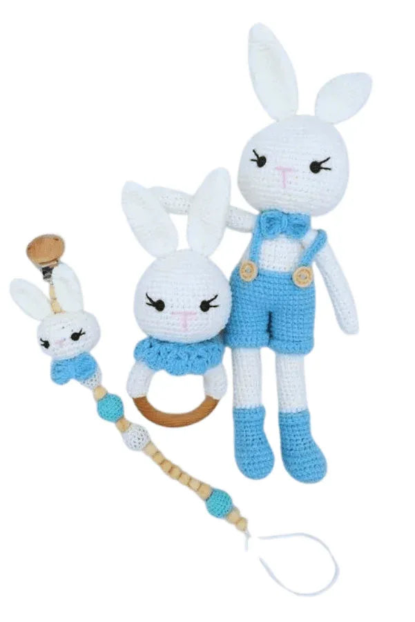 Handmade Natural Wooden and Cotton Crochet Toy Doll with rattle and Pacifier Chain for Toddlers, Blue Bunny, 25cm