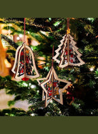 Christmas Tree Pendants Wooden Hollow 3D Ornaments for Party Decoration Pack of 4 Fatio General Trading