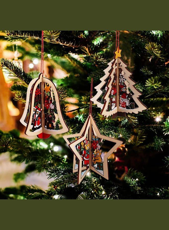 Christmas Tree Pendants Wooden Hollow 3D Ornaments for Party Decoration Pack of 4 Fatio General Trading