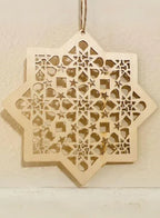 8 Pieces Wooden Hollow Pendant Ornament Eid Ramadan Festive DIY Decorations with Hanging Moon Star Wind Light Shape Ornament for Eid Mubarak